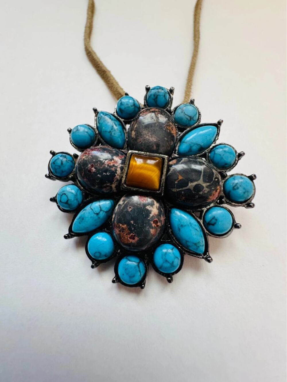 Signed Vintage Park Lane Turquoise Cluster Brooch Pendant Necklace Southwest
